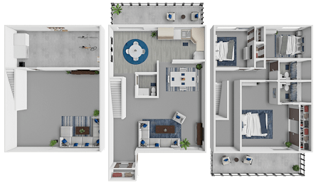 A 3D floor plan of a house with a kitchen, living room, and bedrooms.