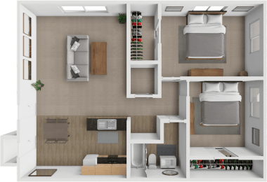 a rendering of a 3d floor plan with a bedroom and a bathroom