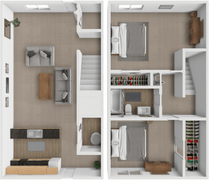 a 3d rendering of the interior of a house with a kitchen and living room
