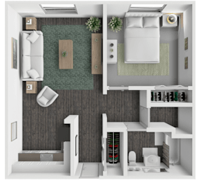 A top-down view of a 1 bedroom 1 bathroom apartment