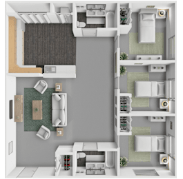 A 3D floor plan of a 3 bedroom 2 bathroom apartment at arcadia grove