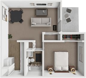 A 3D rendered image of a small apartment layout with a bedroom, living room, and kitchen.