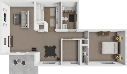 A top-down view of a small apartment with a kitchen, living room, and bathroom.