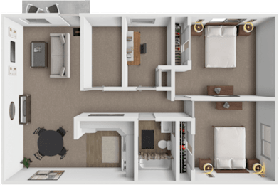 A 3D rendered image of a small apartment layout.