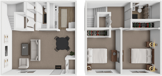 A 3D rendered image of a small apartment layout.