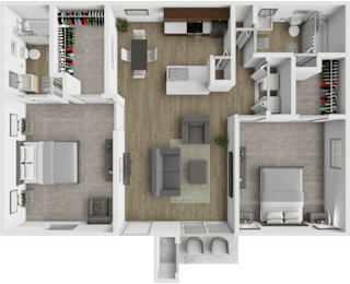 A top-down view of a modern apartment layout with a kitchen, living room, and bathroom.