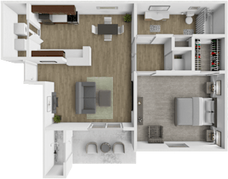A 3D floor plan of a house showing a kitchen, living room, and bathroom.