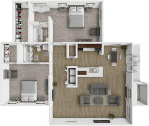 A top-down view of a two-bedroom apartment with a living room, kitchen, and bathroom.