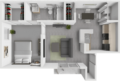 A modern, white-walled apartment with a kitchen, living room, and bathroom.