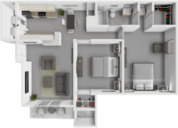 A top-down view of a modern apartment layout with a kitchen, living room, and bedrooms.