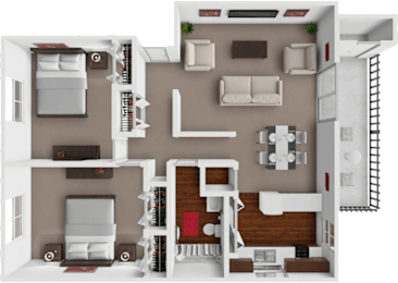 A 3D floor plan of a house with two bedrooms, a living room, a kitchen, and a bathroom.