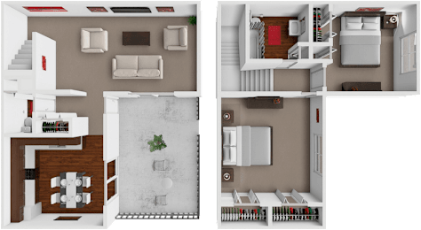 A 3D floor plan of a house showing the layout of the rooms.