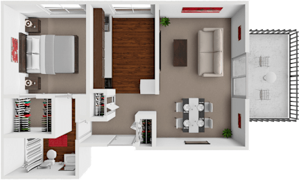 A 3D rendered image of a modern apartment layout.