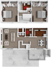 A 3D floor plan of a house showing the layout of the rooms.