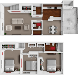 A 3D floor plan of a two-bedroom apartment with a living room, kitchen, and bathroom.