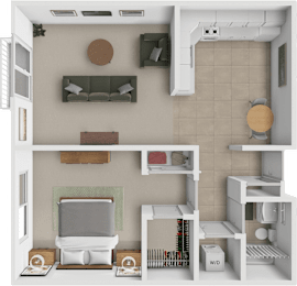 A 3D rendered image of a small apartment with a kitchen, living room, and bathroom.