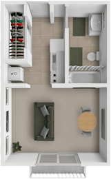 A 3D rendered image of a small apartment layout.