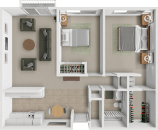 A 3D rendered image of a small, modern kitchen with white cabinetry and green accents.