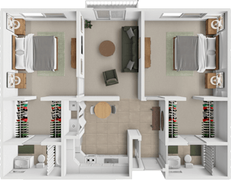 A top-down view of a small apartment with a bedroom, living room, and kitchen.