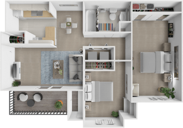 a 3d rendering of a floor plan with a bedroom and a living room