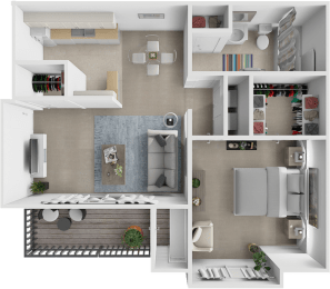 a 3d rendering of a bedroom floor plan with a bathroom and a living room