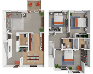 Two floor plans of a townhome with a den, living room, kitchen, and bedrooms.