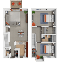 A floor plan of a two-bedroom apartment with a living room, kitchen, and bathroom.