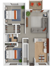 A detailed 3D floor plan of a two-bedroom apartment.