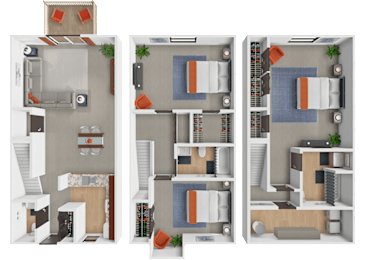A multistory townhome floor plan with 3 bedrooms.