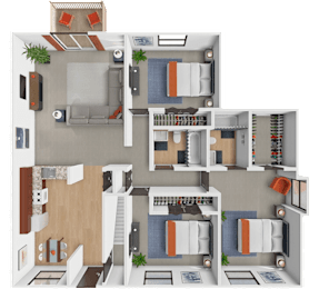 A 3D floor plan of a ranch style apartment with 3 bedrooms and 2 bathrooms, bedrooms rented individually.