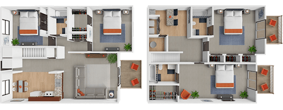 A 4 bedroom 3 bathroom apartment floor plan at the bronco club. Bedrooms rented individually.
