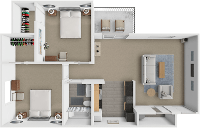 A 3D rendered image of a modern apartment layout.