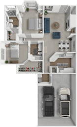 A top-down view of a house with two cars parked in the driveway.