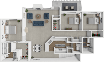 A 3D floor plan of a house with multiple rooms and furniture.