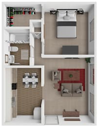A 3D Breckenridge Apartment floor plan of a 1 bedroom 1 bath apartment