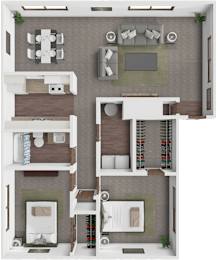A top-down view of a house layout with a living room, dining area, kitchen, and bedrooms.