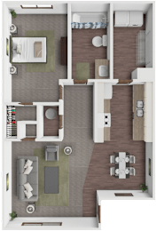 A floor plan of a house with a kitchen, living room, dining room, and two bedrooms.