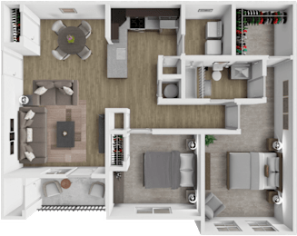 A 3D floor plan of a house showing a living room, kitchen, and bathroom.