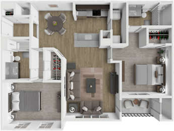 A 3D floor plan of a house with a kitchen, living room, and bathroom.