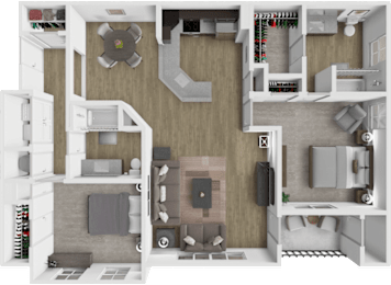 A 3D floor plan of a house showing a kitchen, living room, and bathroom.