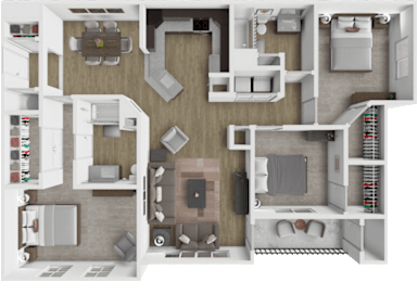 A 3D rendered image of a house layout.