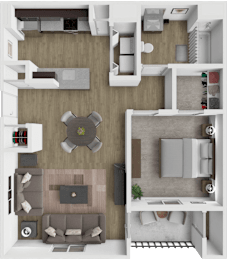 A top-down view of a modern apartment layout with a kitchen, living room, and bedroom.