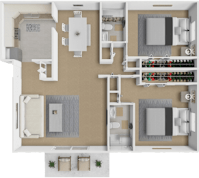 A floor plan of a house with a kitchen, living room, dining room, and bedrooms.