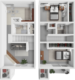 a 3d rendering of a 1 bedroom apartment with a balcony and a living room