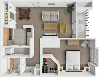 A 3D rendered image of a modern apartment layout.