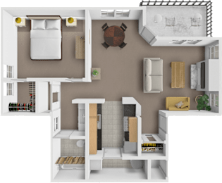 A 3D floor plan of a small apartment with a bedroom, living room, and kitchen.