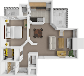 A top-down view of a modern apartment layout with a kitchen, living room, and dining area.