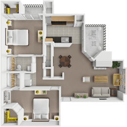 A 3D floor plan of a house with a kitchen, living room, and bathroom.