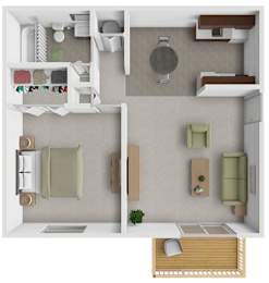 A 3D floor plan of a small apartment with a kitchen, living room, and bathroom.