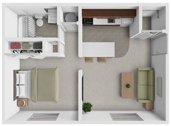 A top-down view of a modern kitchen and living room.